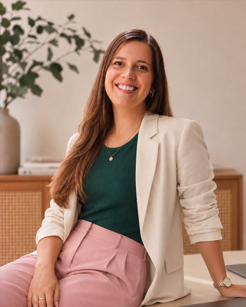Camila Pugin, brand director and strategist at Fiorare, sitting on a work desk
