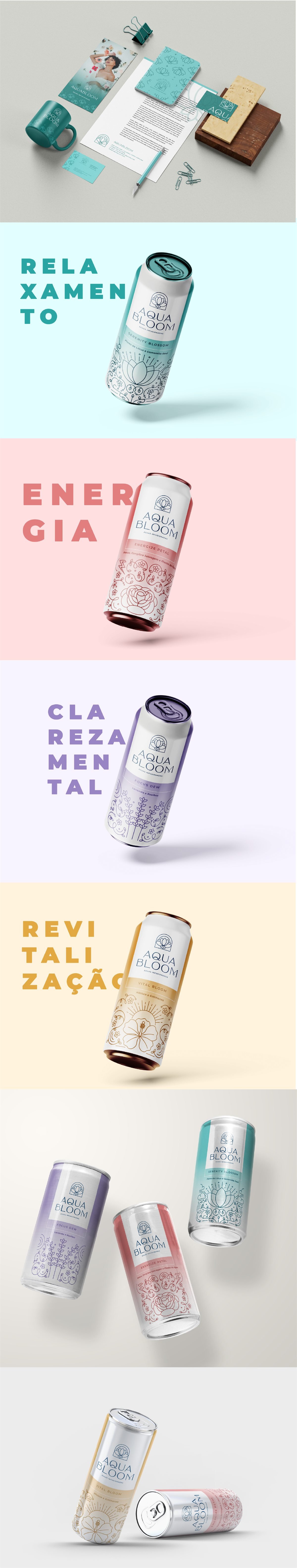 Embalagens AquaBloom dos quatro sabores (relaxamento, energia, clareza mental e revitalização), papelaria e latas