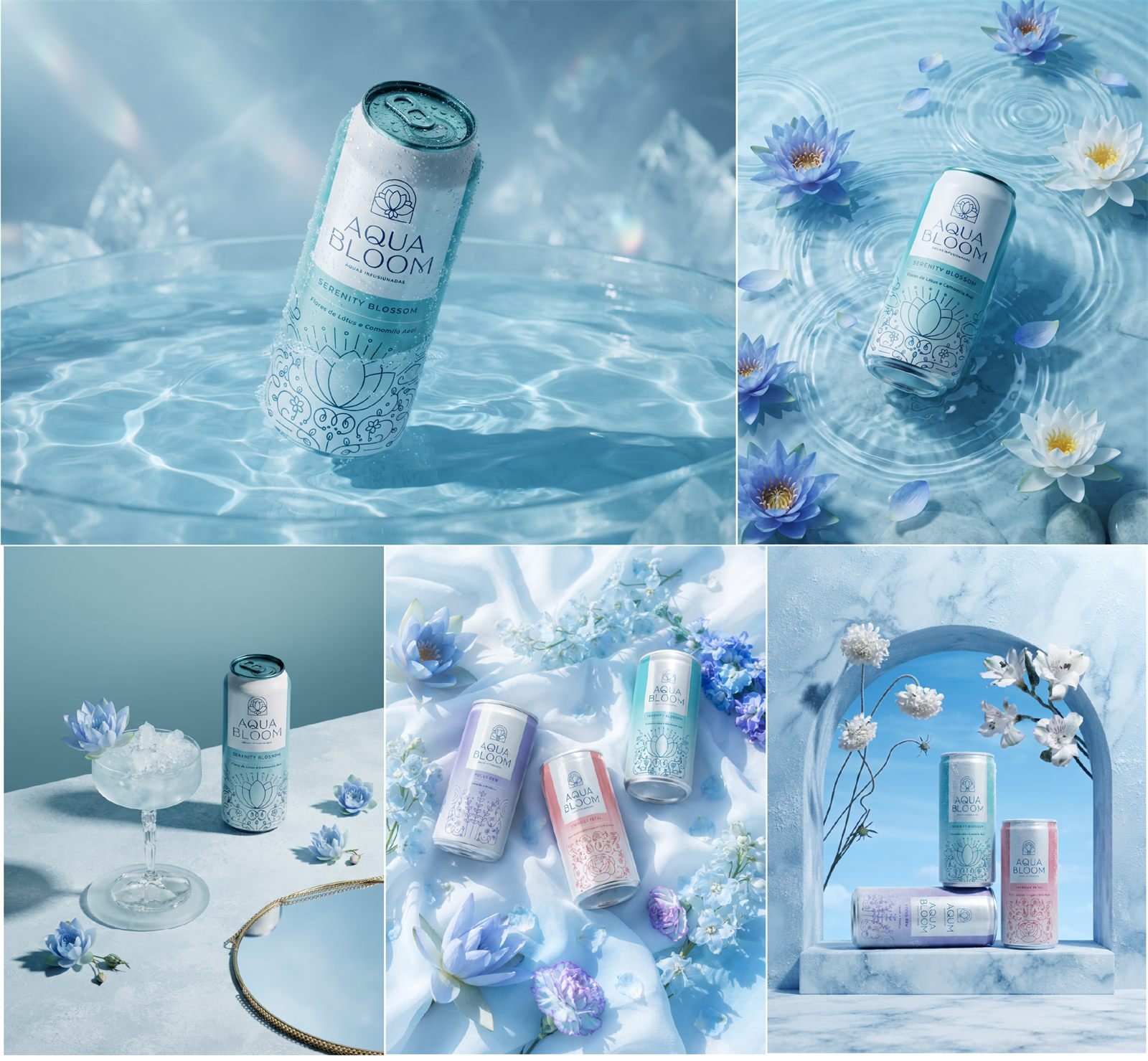 Fotografias de produto das latas AquaBloom entre flores de lótus, água e mármore azul