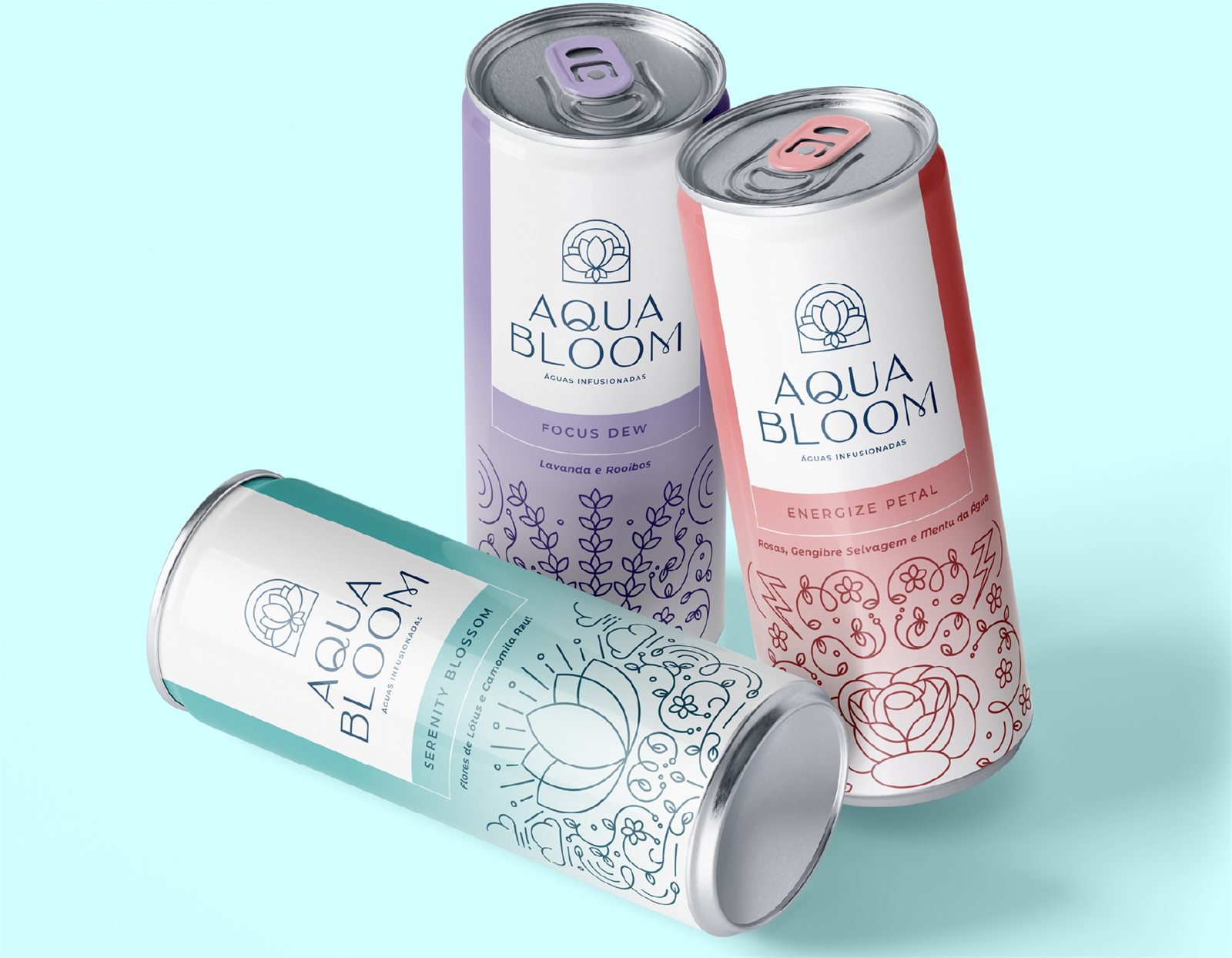 Latas Focus Dew, Energize Petal e Serenity Blossom da AquaBloom com ilustrações botânicas