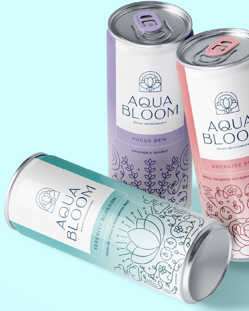 Three AquaBloom cans in lilac, coral and aqua on a light blue background