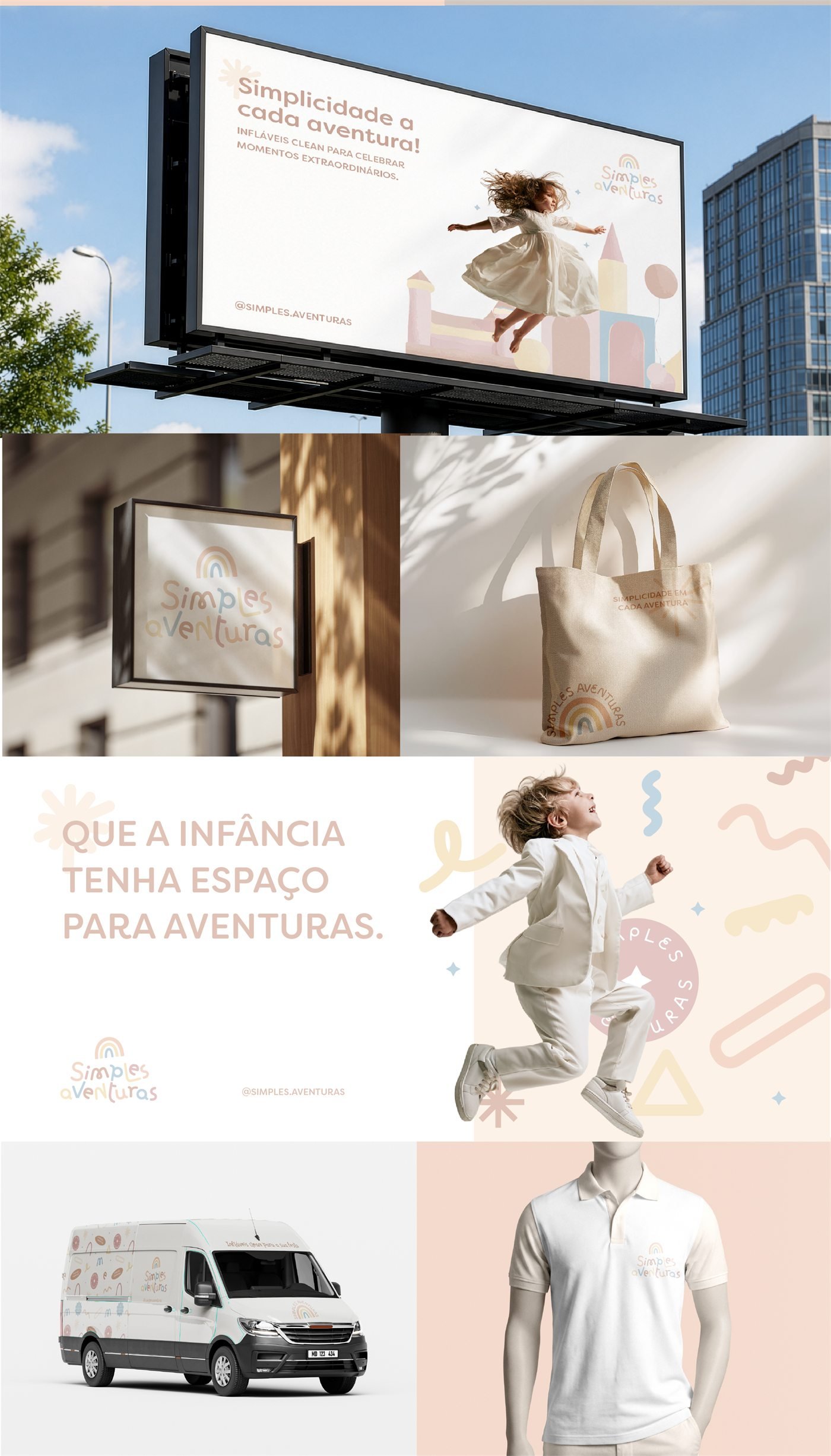 Outdoor, placa de fachada, sacola de tecido, cartaz, van e camisa polo com a marca Simples Aventuras