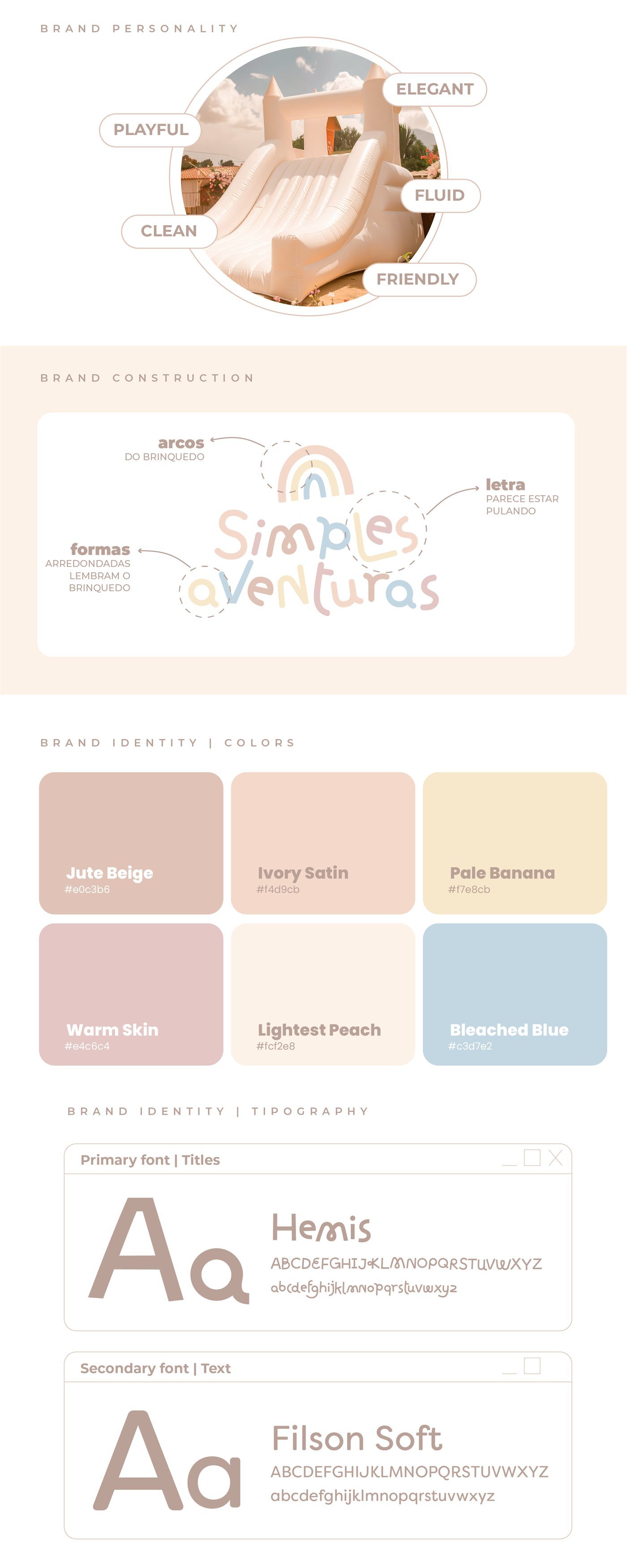 Prancha da identidade Simples Aventuras: personalidade, construção do logotipo, paleta de cores e tipografia