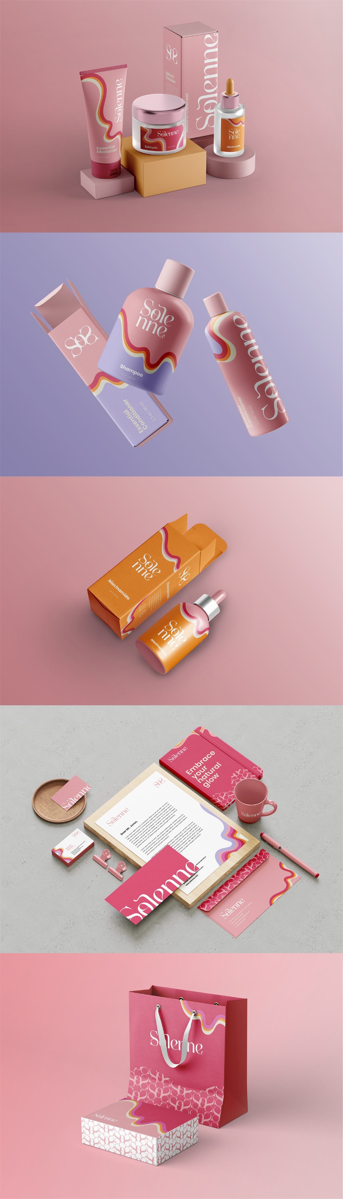 Embalagens Solenne (hidratante, sérum, shampoo e niacinamida), papelaria, sacola e caixa de presente
