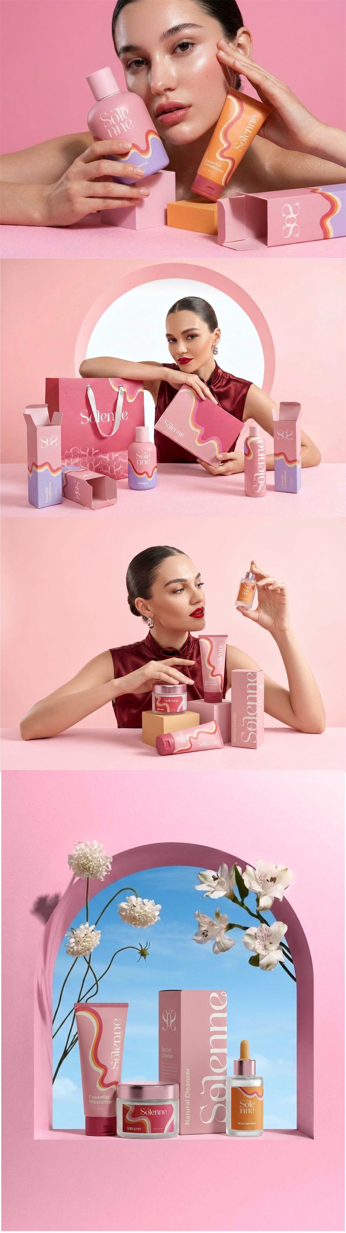 Fotografias de produto Solenne com modelo e composição de embalagens diante de um arco com flores