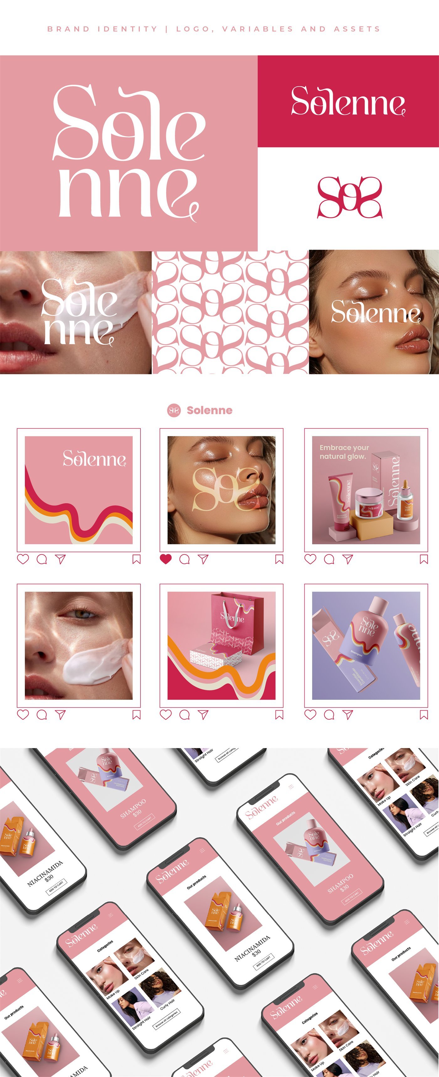 Logotipo Solenne, monograma, padrão, posts para Instagram e telas de loja virtual no celular