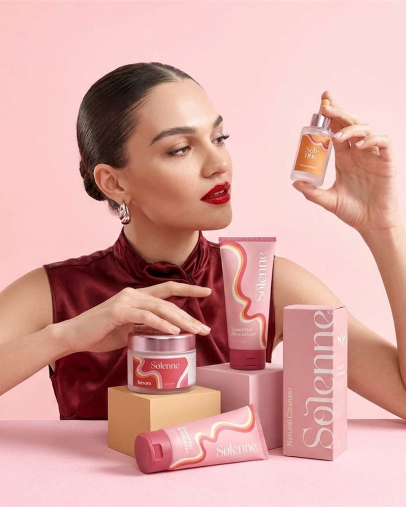 Model holding a Solenne serum and moisturizer against a pink background