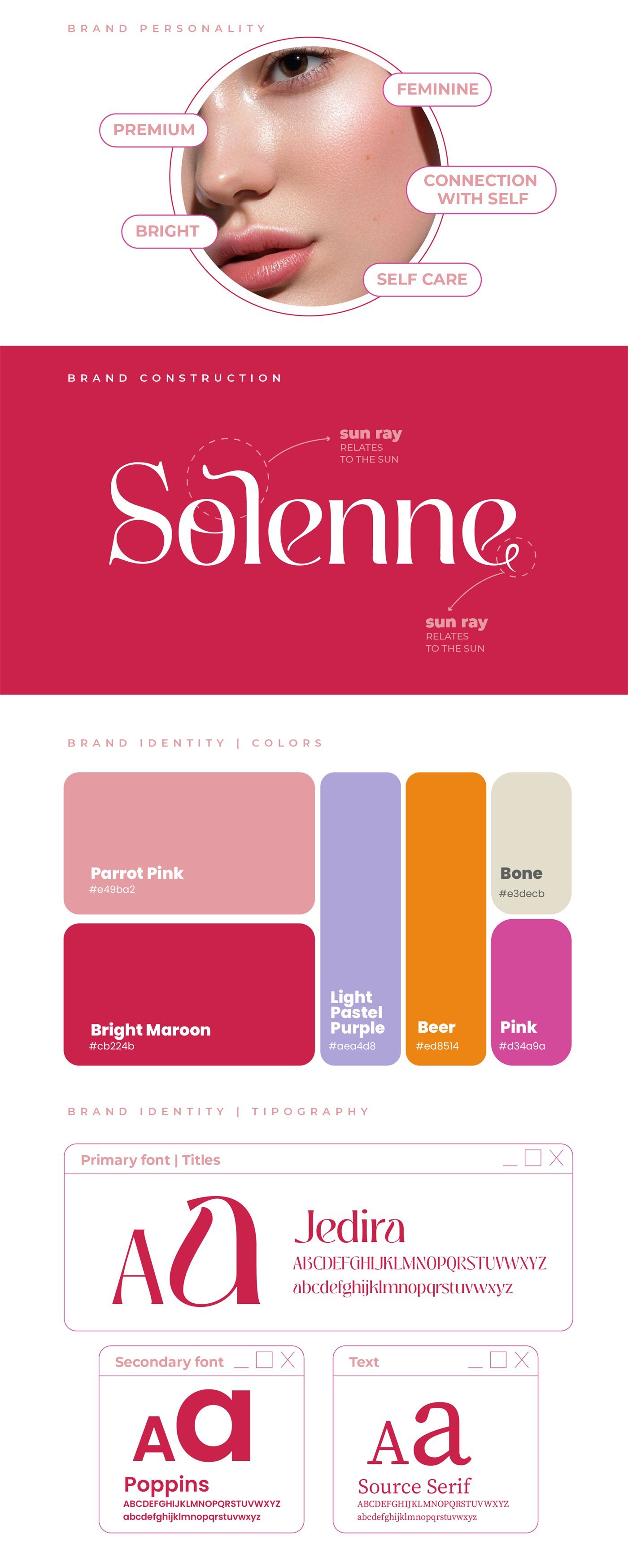 Prancha da identidade Solenne: personalidade da marca, construção do logotipo, paleta de cores e tipografia