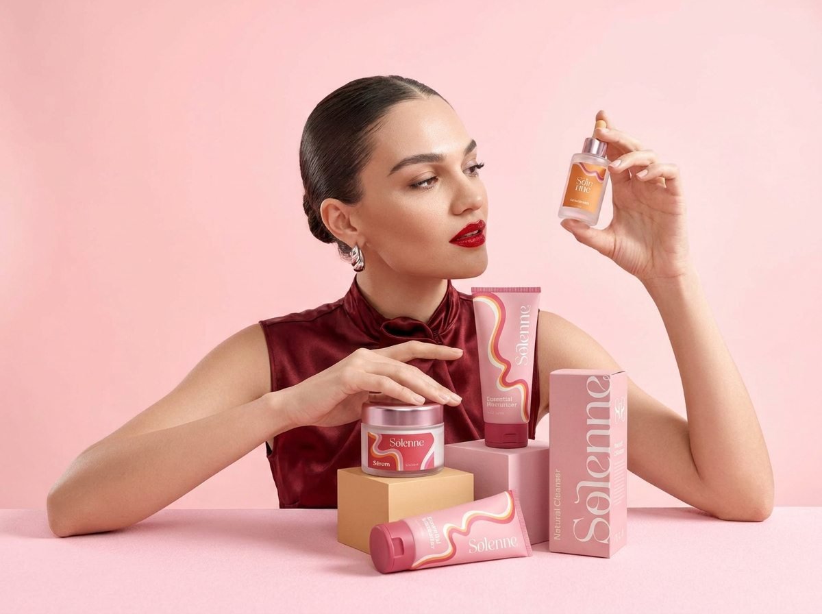 Modelo segurando o sérum Solenne junto a hidratante, pote de sérum e caixa do Natural Cleanser sobre fundo rosa